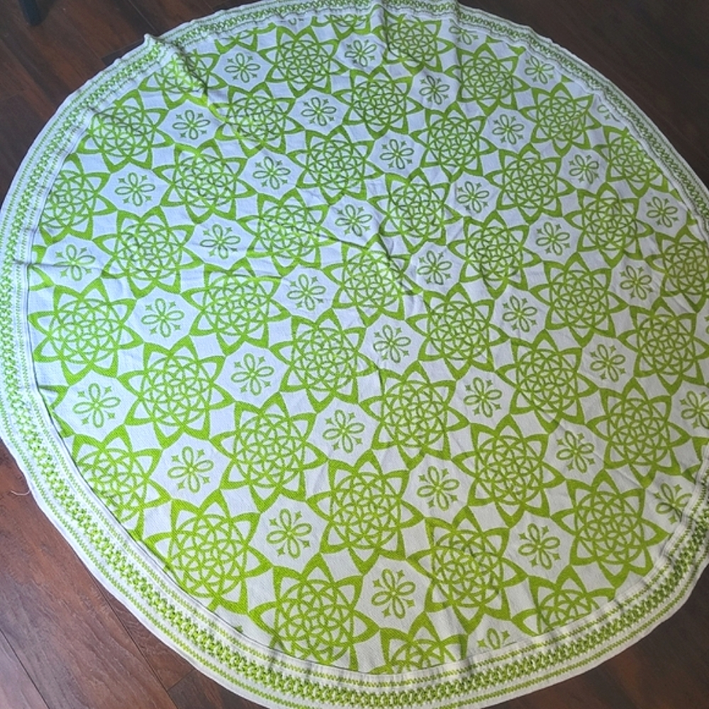 Vintage MCM Avocado Green And White Round Tablecloth 1960s Retro Funky